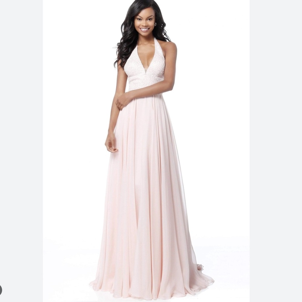 Sherri Hill Beaded Deep Halter V-Neck Chiffon A-Line Long Dress 51640 Size 10